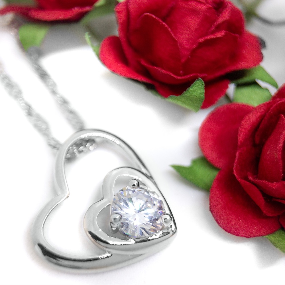 Double Heart Necklace - Pure Silver and CZ Beauty